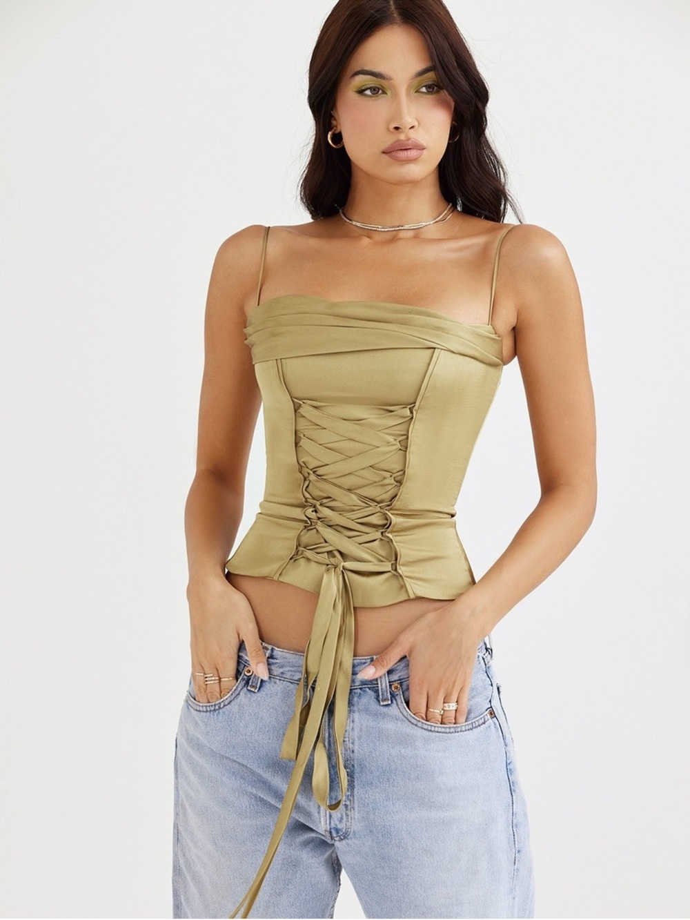 House of CB Olive Satin Lace-Up Corset Cami